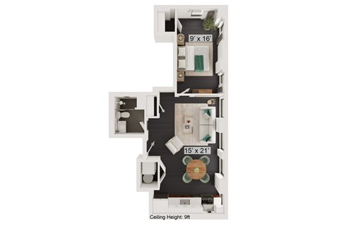 Floor plan for 1 bed, 1 bath, 583 sqft